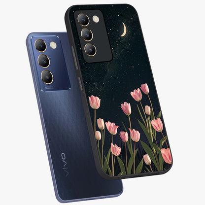 Midnight Tulip Whispers Vibe Glass Case displayed in angled mockup highlighting delicate tulip design with midnight floral aesthetic.
