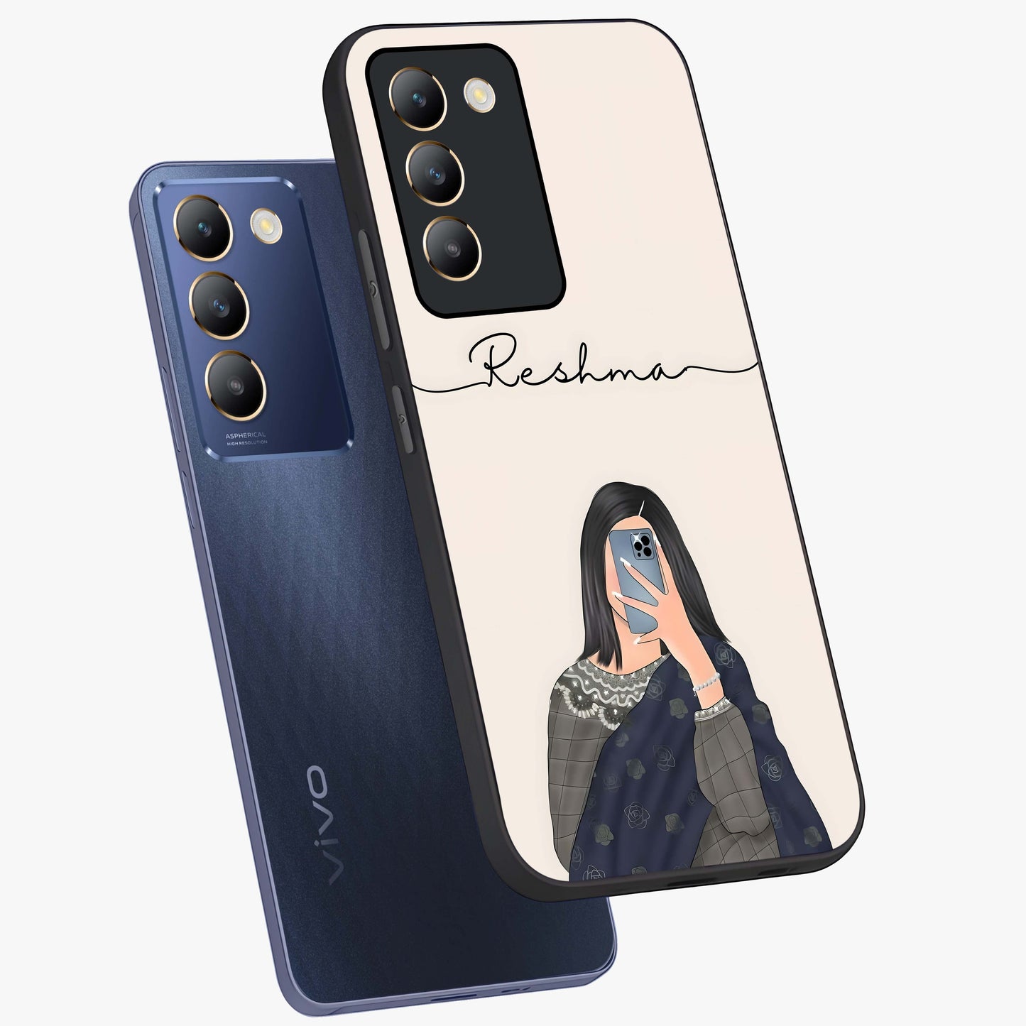 Mirror Mood Muse With Custom Name Glass Case displayed in angled mockup highlighting aesthetic mirror inspired design with custom name feature.