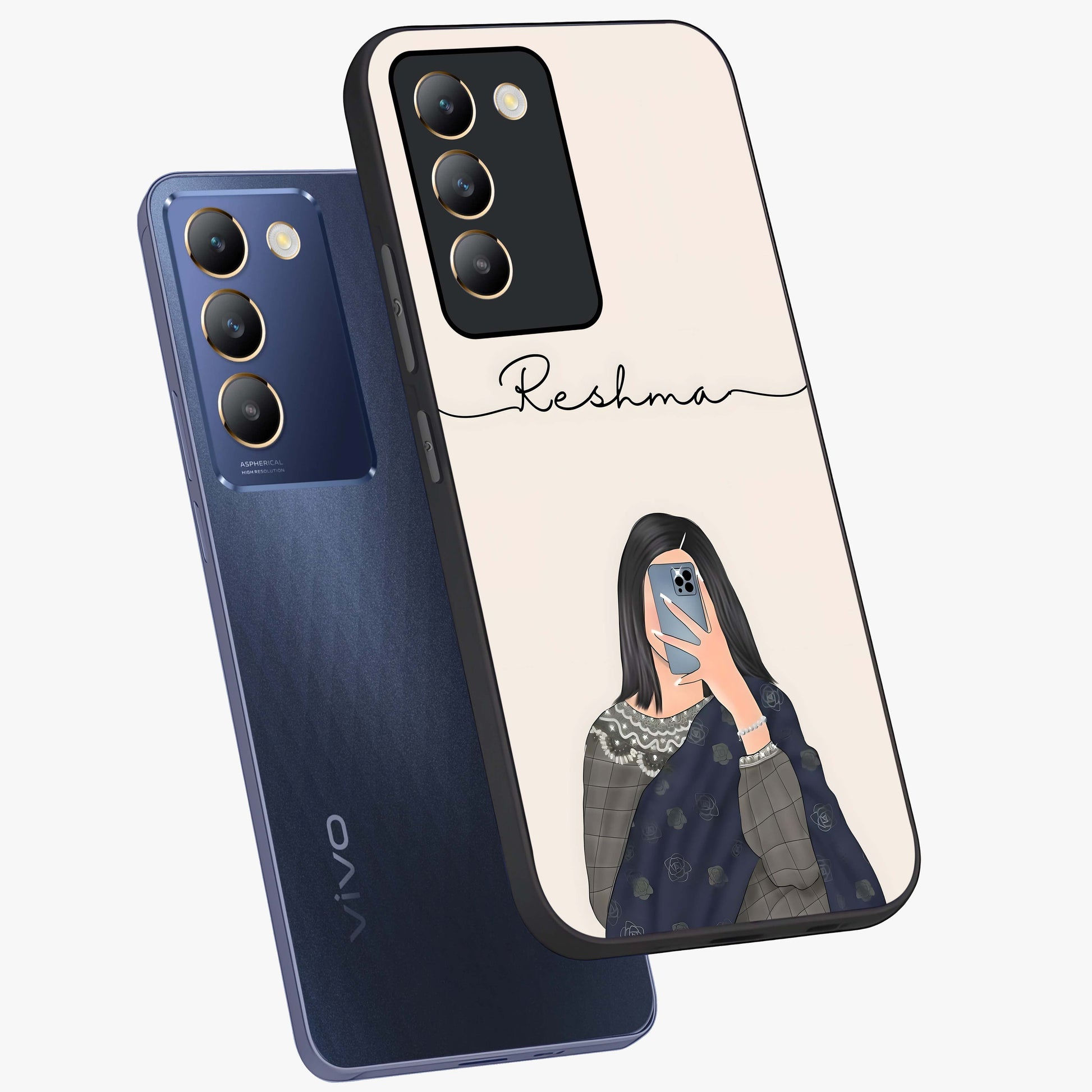 Mirror Mood Muse With Custom Name Glass Case displayed in angled mockup highlighting aesthetic mirror inspired design with custom name feature.
