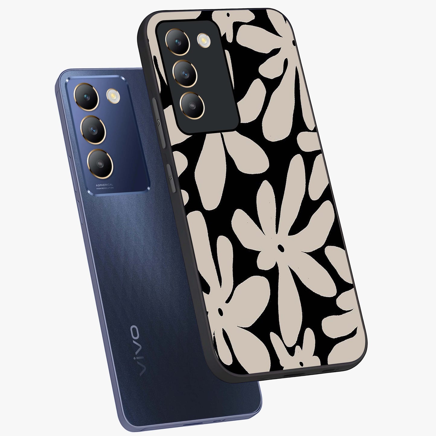 Monochrome Petal Dance Glass Case displayed in angled mockup highlighting elegant petal design with black and white aesthetic.
