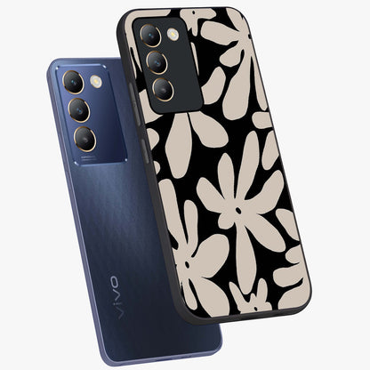 Monochrome Petal Dance Glass Case displayed in angled mockup highlighting elegant petal design with black and white aesthetic.