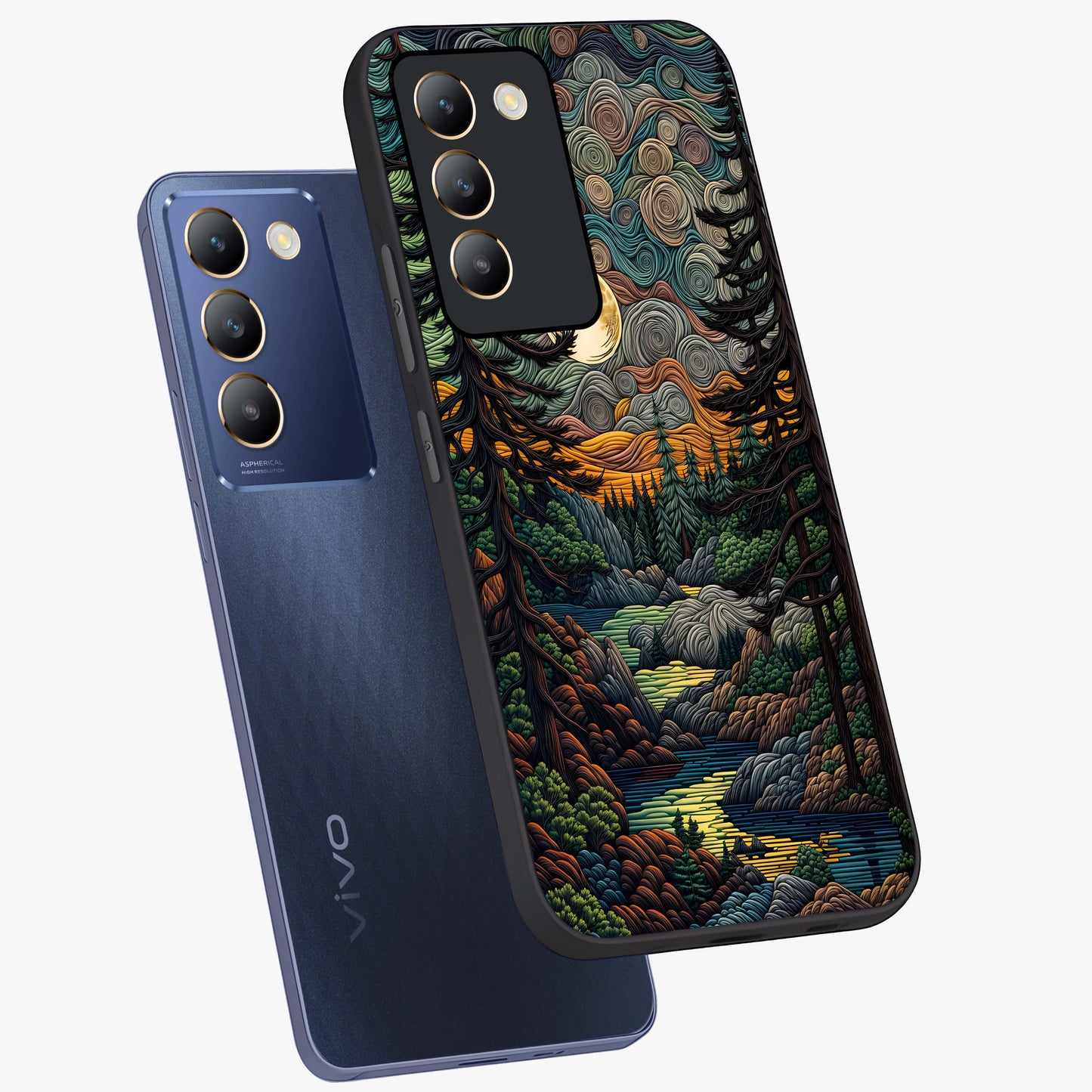 Moonlight Forest Dream Glass Case displayed in angled mockup highlighting dreamy forest design with glowing moon aesthetic.