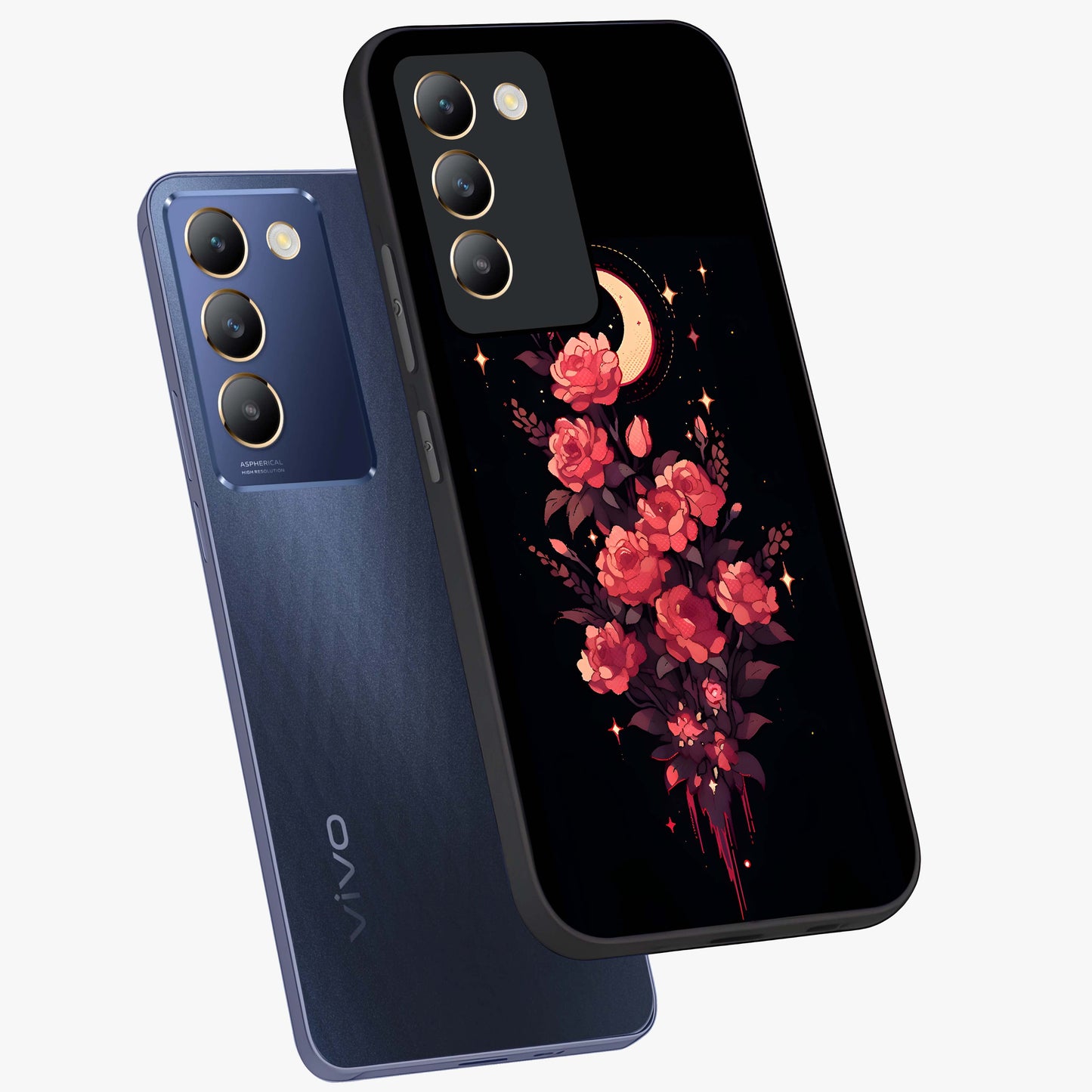 Moonlit Floral Elegance Glass Case displayed in angled mockup highlighting graceful flower design with soft moonlight aesthetic.