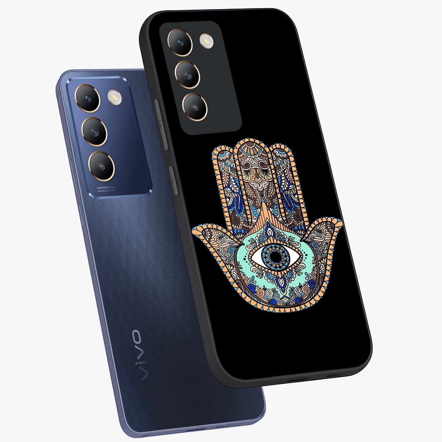 Mystic Hamsa Eye Glass Case displayed in angled mockup highlighting spiritual hamsa symbol with mystical aesthetic style.