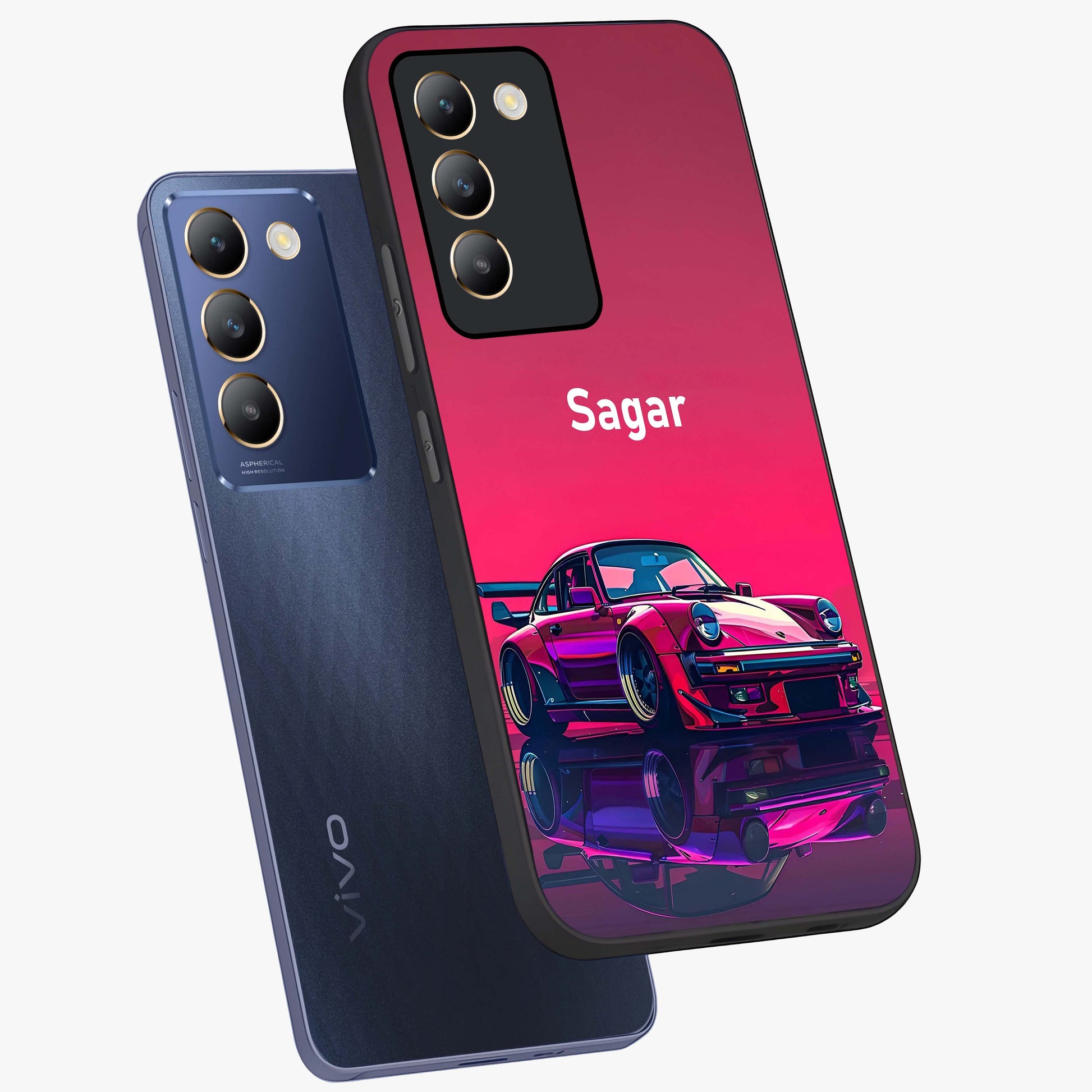 Neon Pink Porsche Glass Case displayed in angled mockup highlighting sleek neon pink car design with racing aesthetic.
