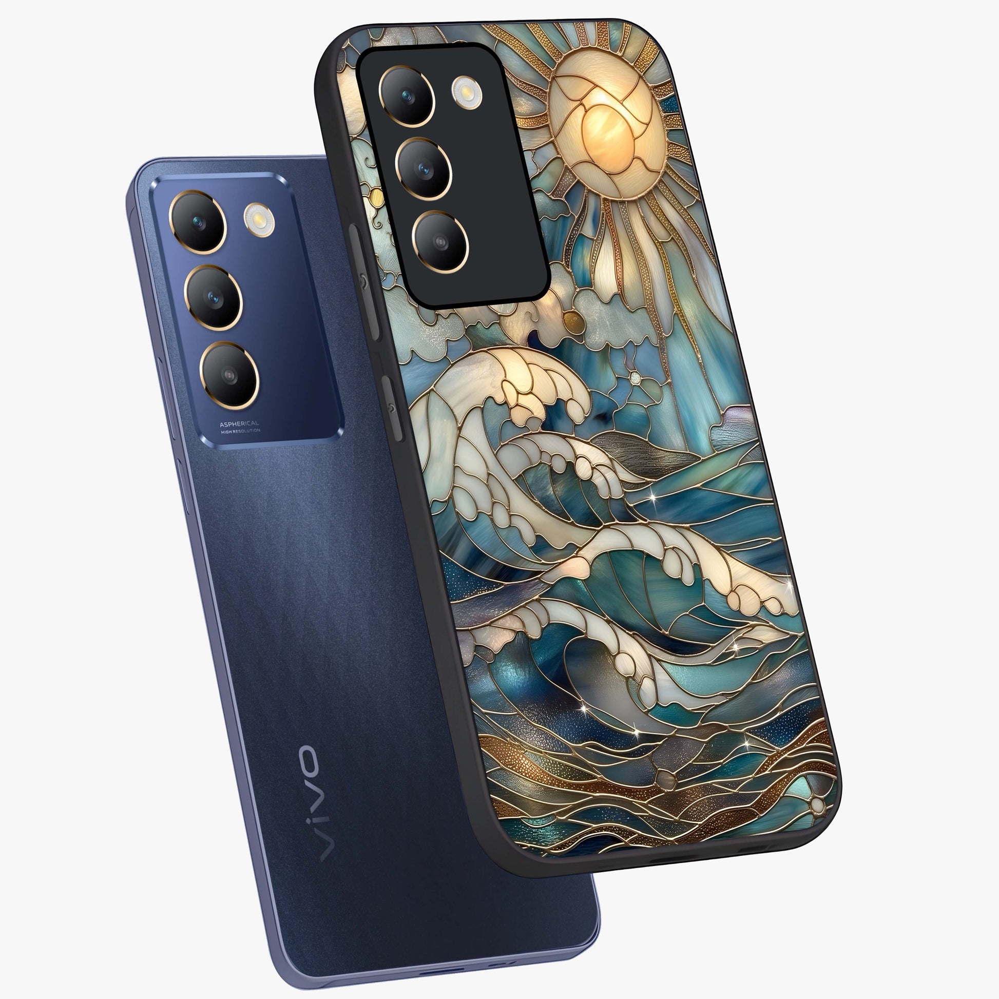 Oceanic Stained Printed Glass Case displayed in angled mockup highlighting colorful aquatic design with artistic aesthetic style.