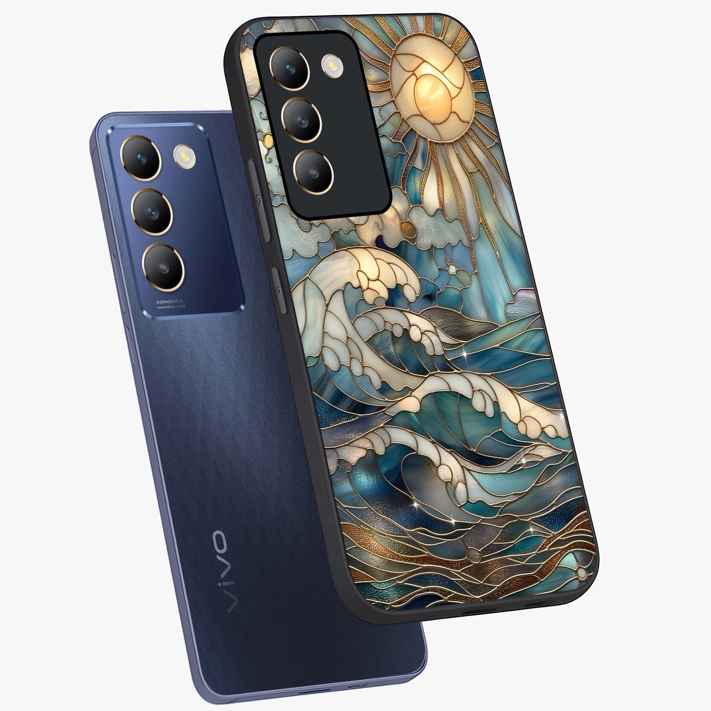 Oceanic Stained Printed Glass Case displayed in angled mockup highlighting colorful aquatic design with artistic aesthetic style.