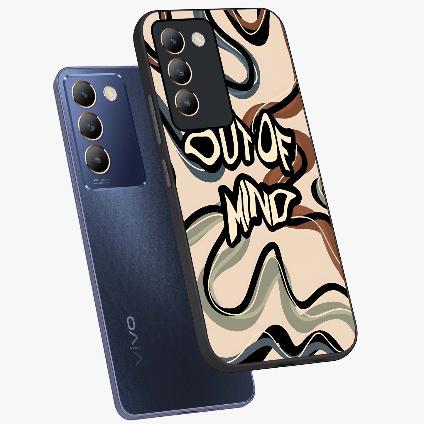 Out Of Mind Glass Case displayed in angled mockup highlighting bold statement design with modern artistic aesthetic.
