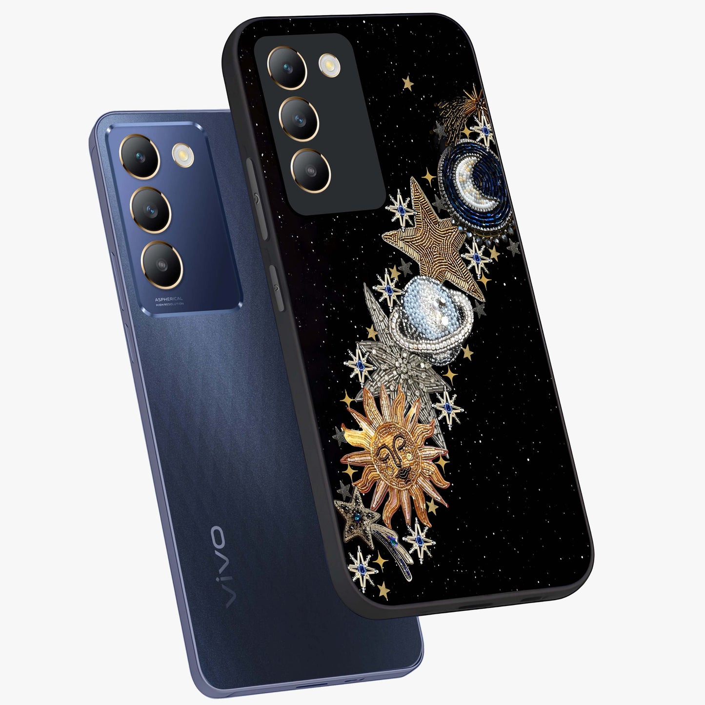 Pearls Universe Object Glass Case displayed in angled mockup highlighting celestial pearl design with dreamy aesthetic.