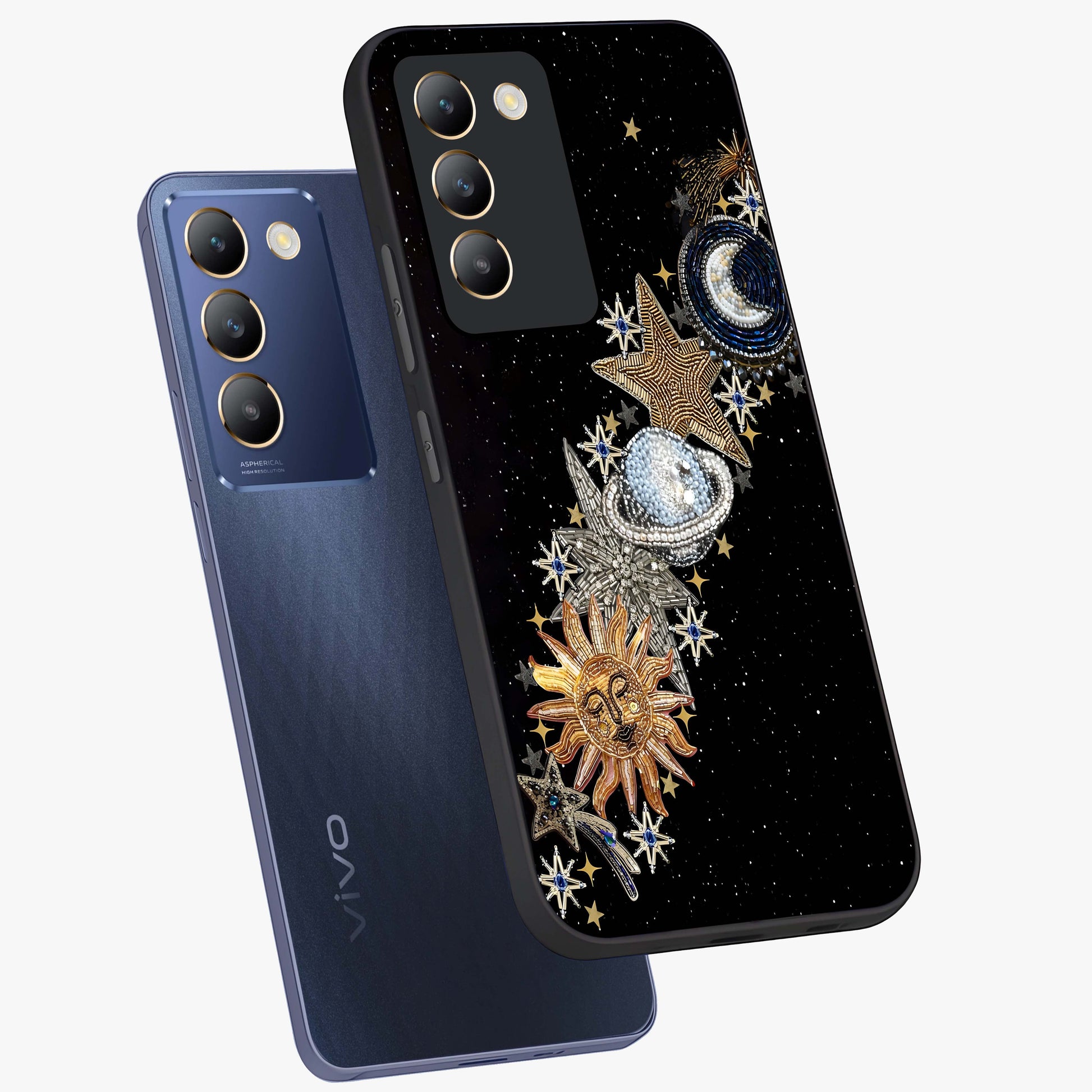 Pearls Universe Object Glass Case displayed in angled mockup highlighting celestial pearl design with dreamy aesthetic.