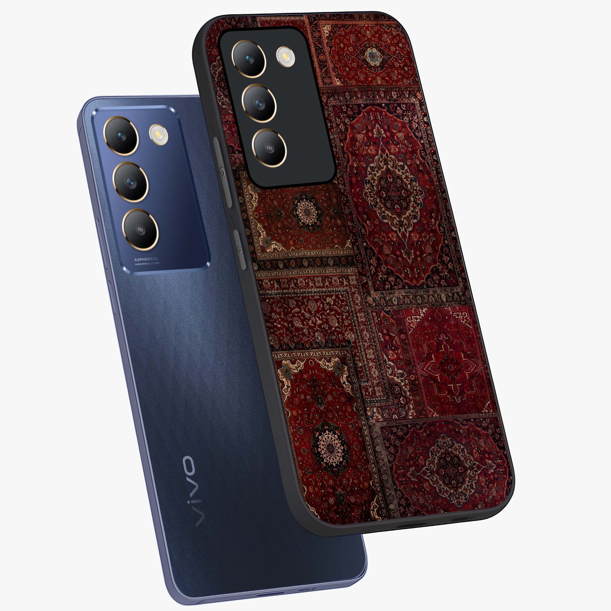Persian Velvet Tale Glass Case displayed in angled mockup highlighting ornate textile inspired design with royal aesthetic.