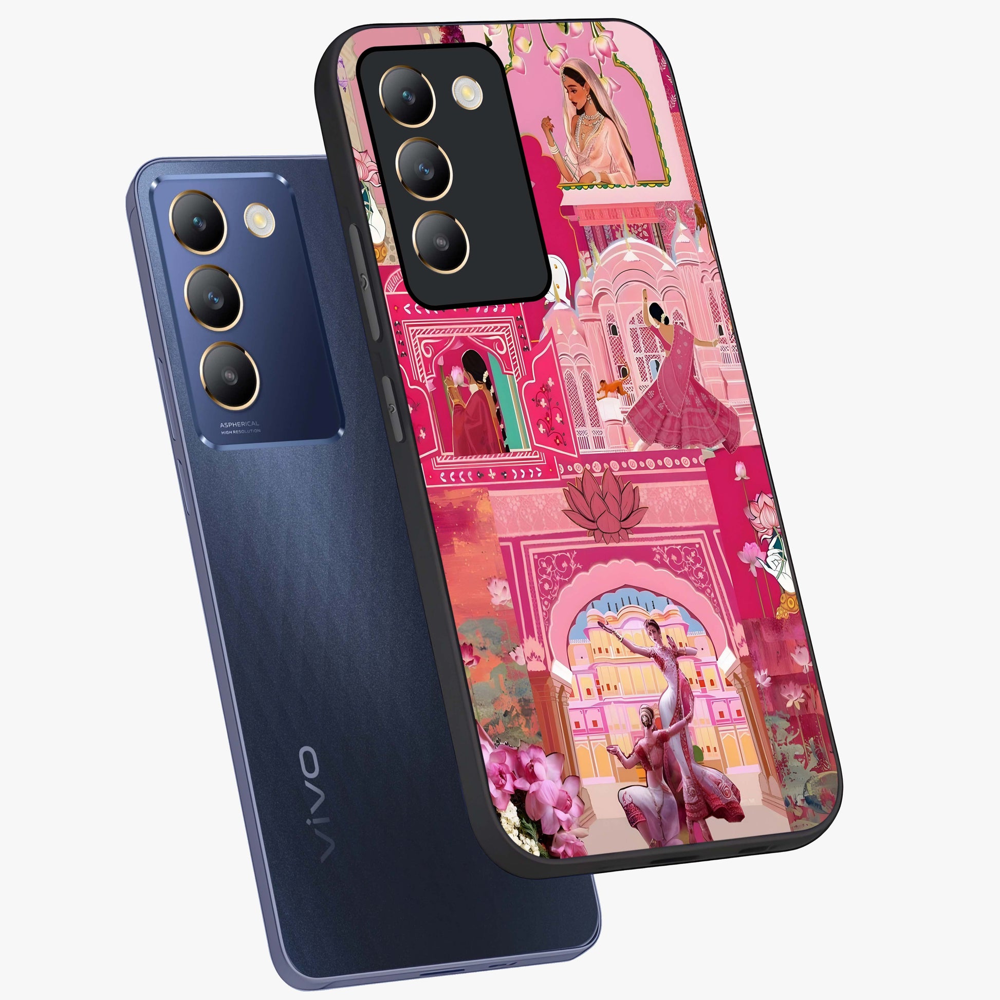 Pink Palace Muse Glass Case displayed in angled mockup highlighting dreamy palace illustration with soft pink aesthetic.