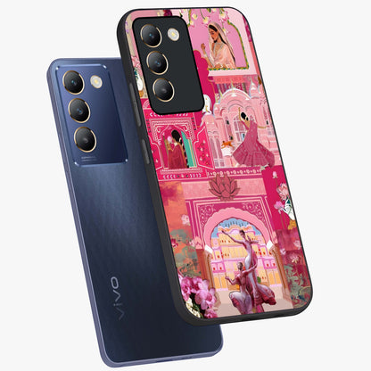 Pink Palace Muse Glass Case displayed in angled mockup highlighting dreamy palace illustration with soft pink aesthetic.
