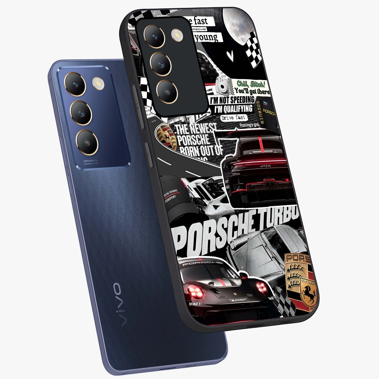 Porsche Racing Collage Glass Case displayed in angled mockup highlighting dynamic automotive design with bold racing aesthetic.