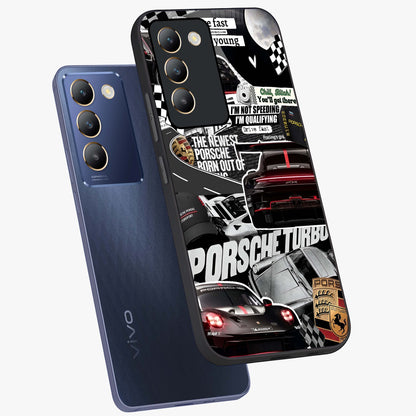 Porsche Racing Collage Glass Case displayed in angled mockup highlighting dynamic automotive design with bold racing aesthetic.