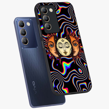 Psychedelic Sun Glass Case displayed in angled mockup highlighting vibrant abstract sun design with artistic aesthetic style.