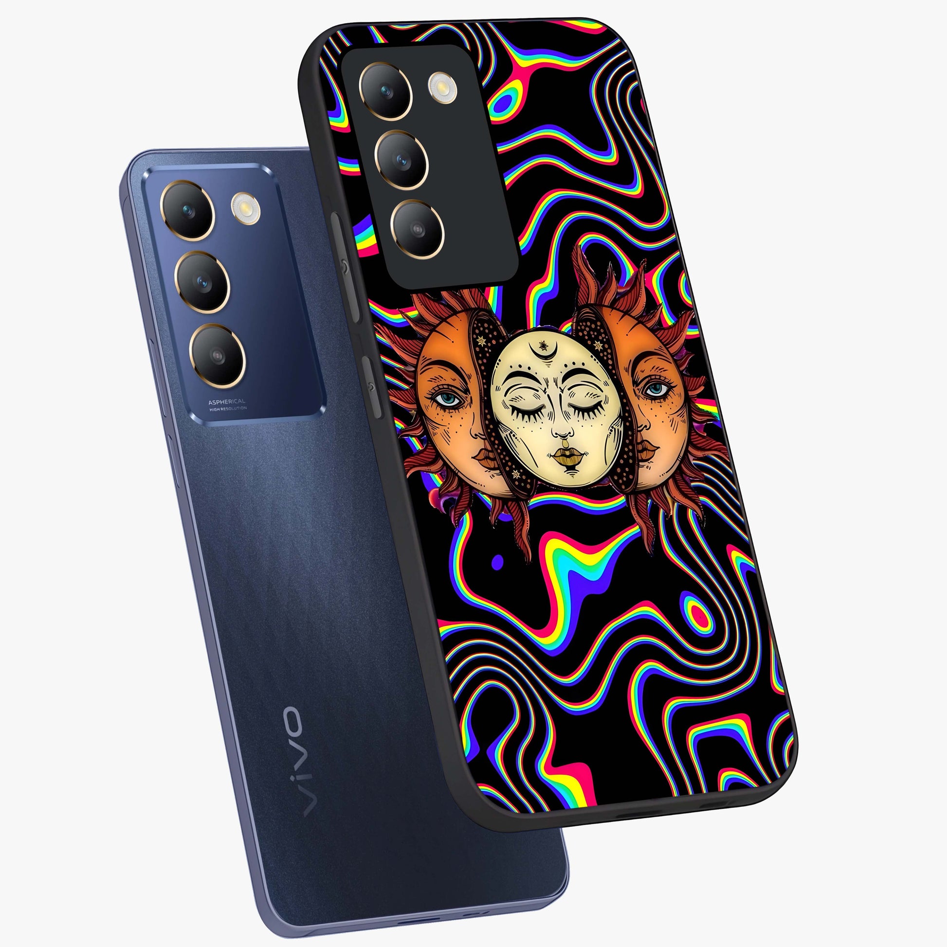 Psychedelic Sun Glass Case displayed in angled mockup highlighting vibrant abstract sun design with artistic aesthetic style.