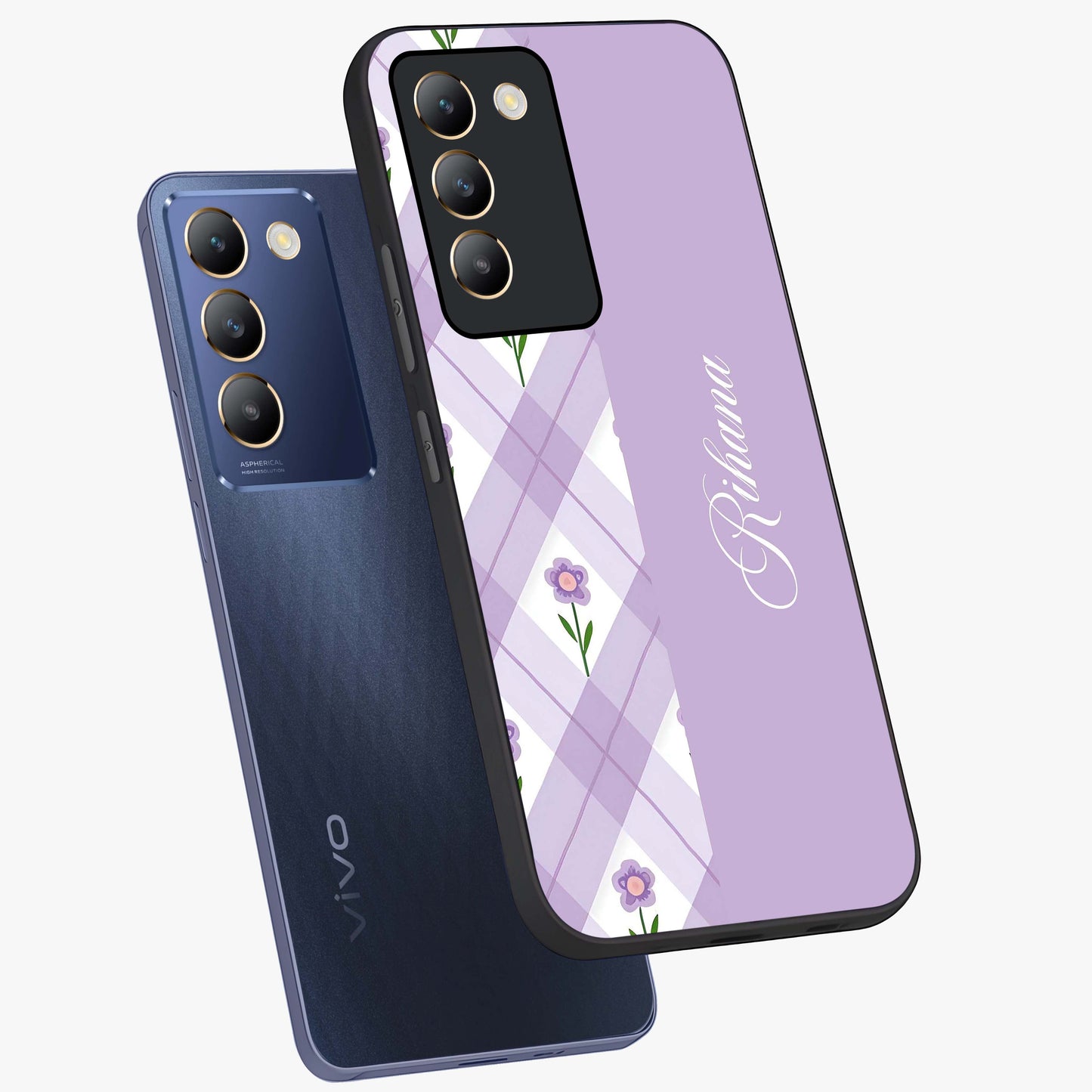 Purple Diamond Floral Glass Case displayed in angled mockup highlighting elegant purple flower design with decorative pattern.