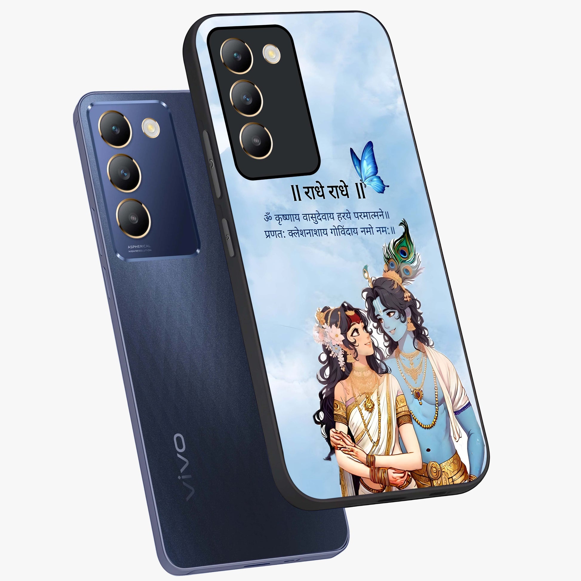 Radha Krishna Eternal Glass Case displayed in angled mockup highlighting divine Radha Krishna illustration with spiritual aesthetic.