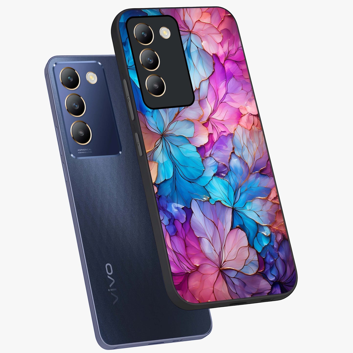 Radiant Floral Whirl Glass Case displayed in angled mockup highlighting vibrant flower pattern with dynamic artistic aesthetic.