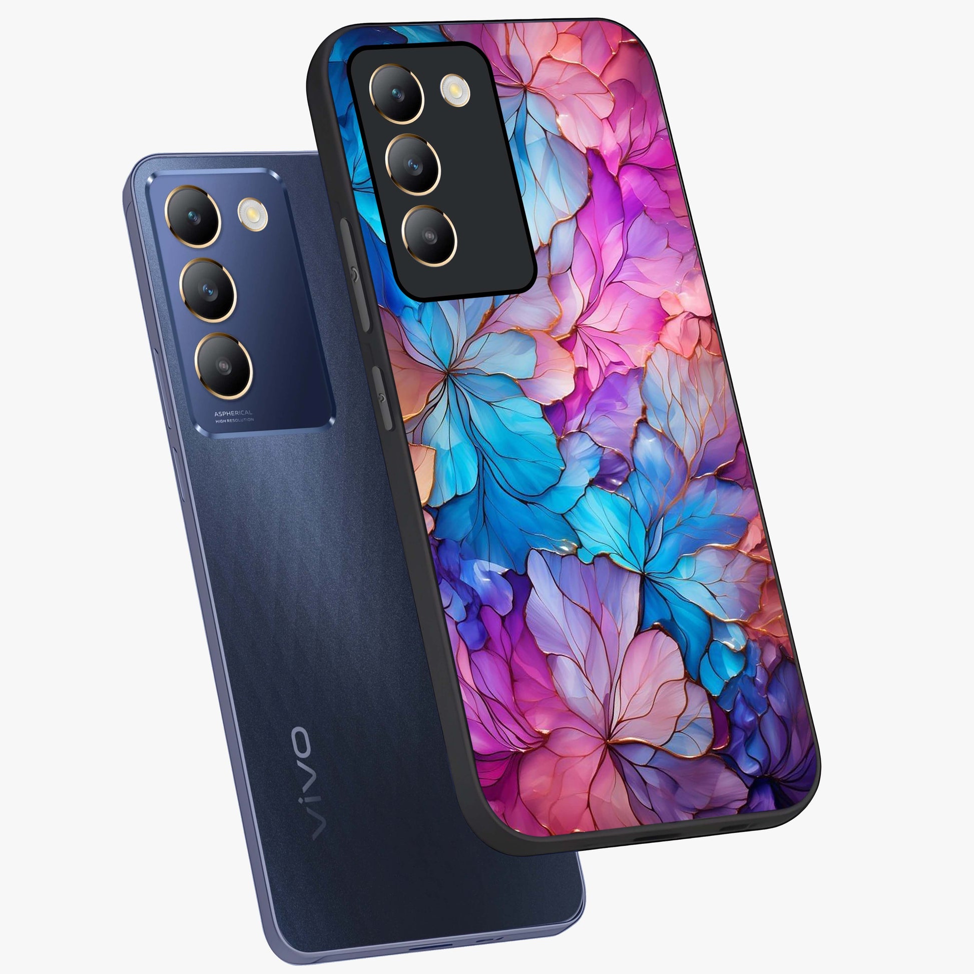 Radiant Floral Whirl Glass Case displayed in angled mockup highlighting vibrant flower pattern with dynamic artistic aesthetic.