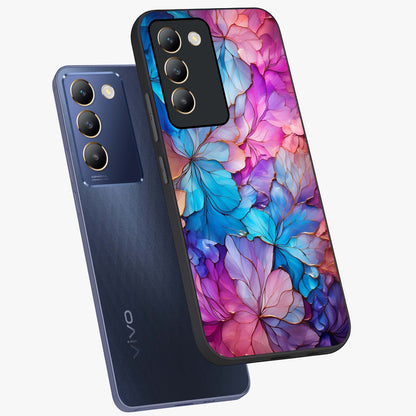 Radiant Floral Whirl Glass Case displayed in angled mockup highlighting vibrant flower pattern with dynamic artistic aesthetic.