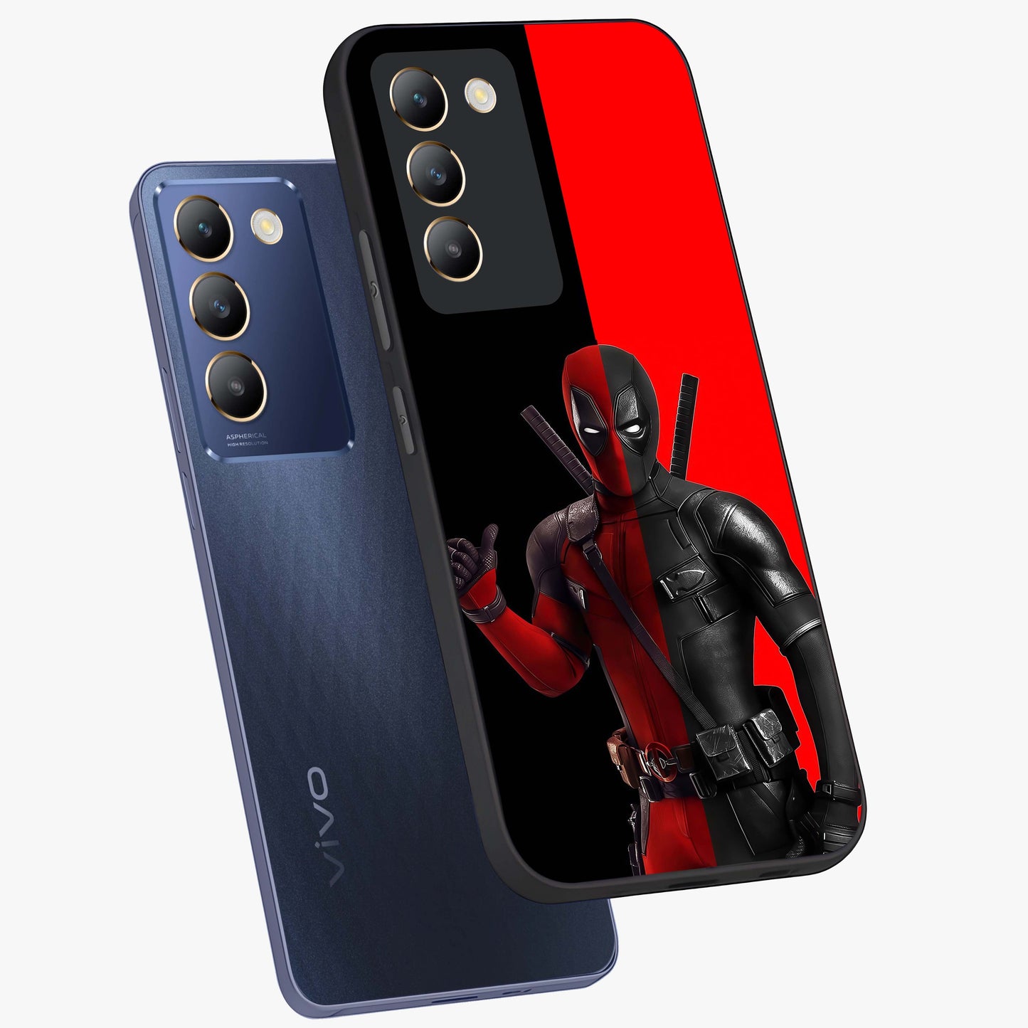 Red & Black Deadpool Theme Glass Case displayed in angled mockup highlighting vibrant superhero style illustration with action aesthetic.
