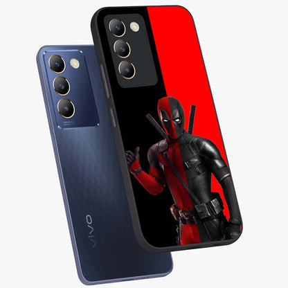 Red & Black Deadpool Theme Glass Case displayed in angled mockup highlighting vibrant superhero style illustration with action aesthetic.