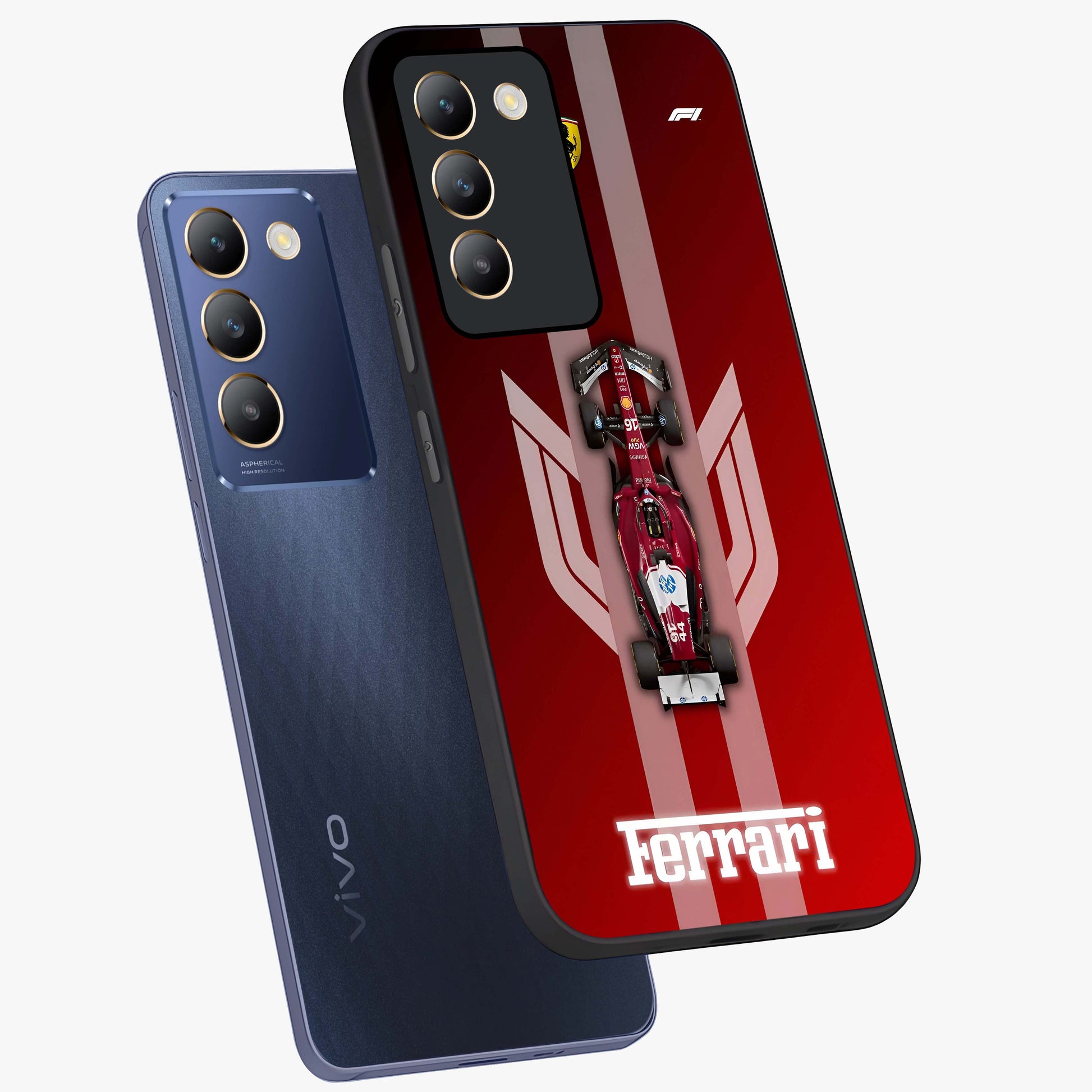 Red Ferrari F1 Vertical Glass Case displayed in angled mockup highlighting high speed racing design with bold automotive aesthetic.