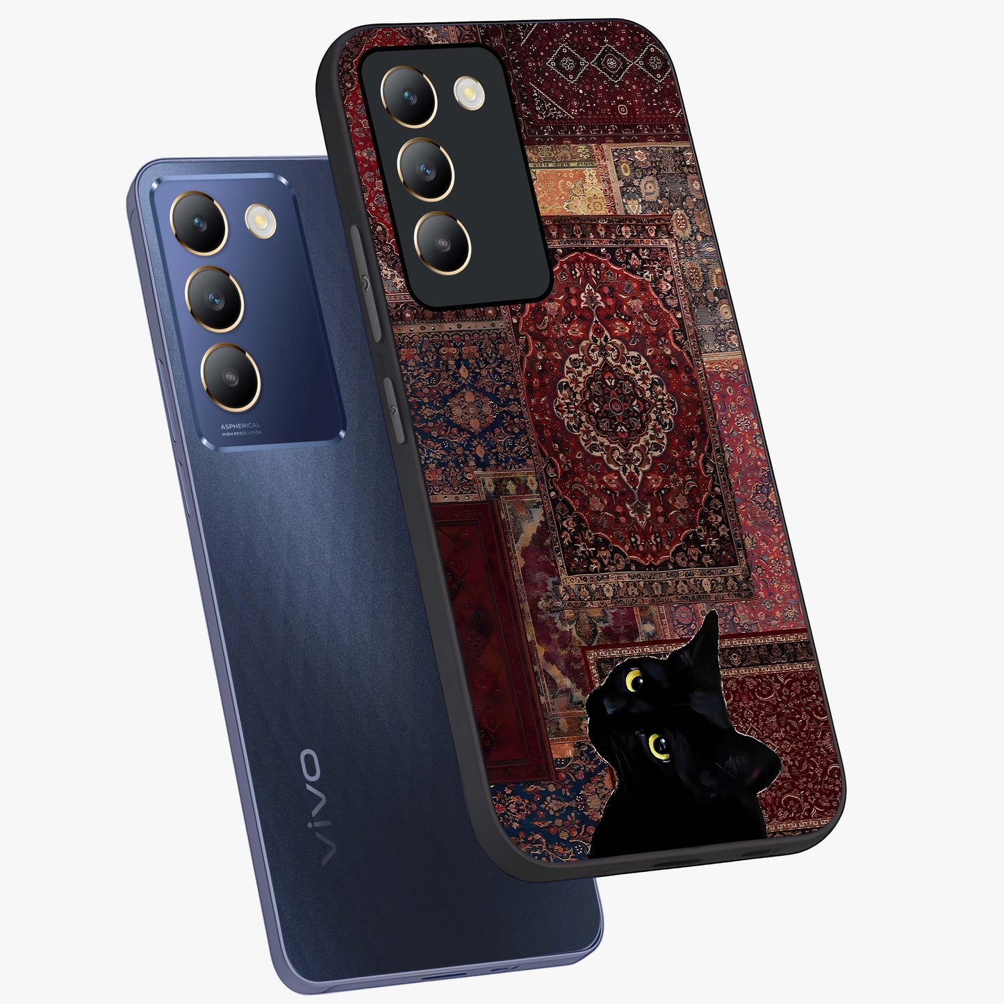 Regal Magic Cat Apple Glass Case displayed in angled mockup highlighting whimsical feline design with fantasy aesthetic.