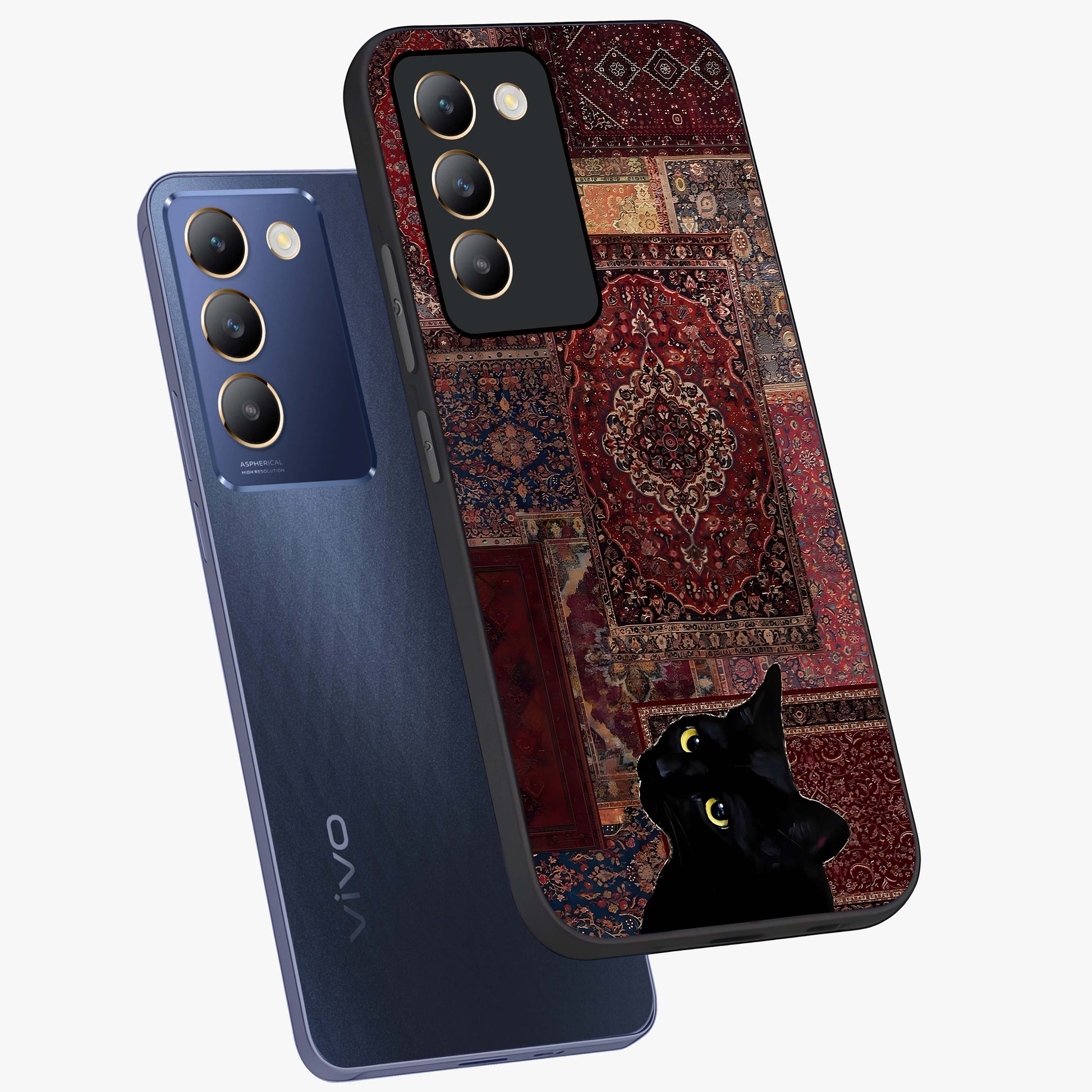 Regal Magic Cat Apple Glass Case displayed in angled mockup highlighting whimsical feline design with fantasy aesthetic.