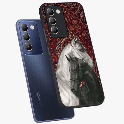 Regal Stallion Tapestry Glass Case displayed in angled mockup highlighting royal stallion design with decorative heritage aesthetic.