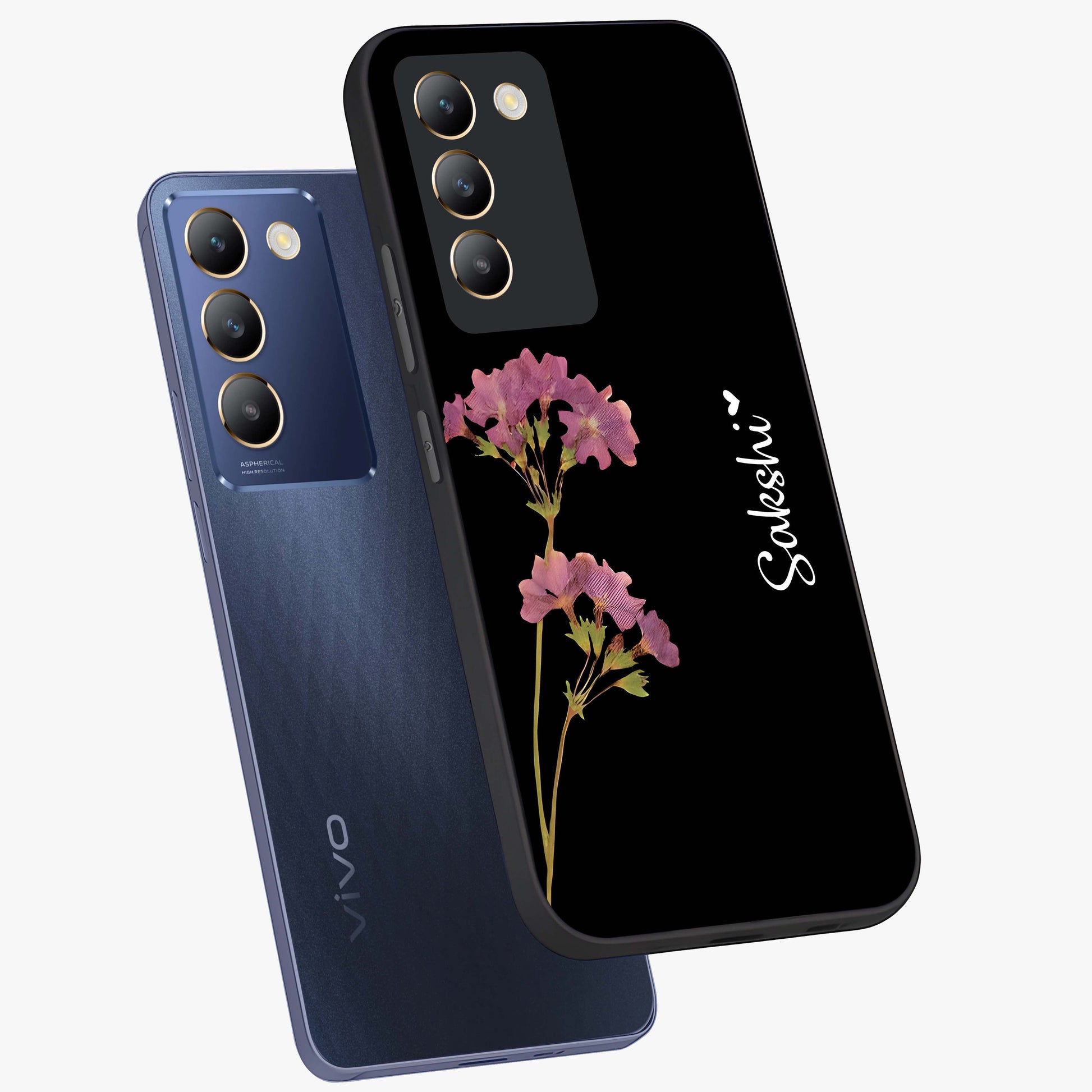 Riching Lavender Flower Custom Name Glass Case displayed in angled mockup highlighting delicate lavender flower design with custom name feature.