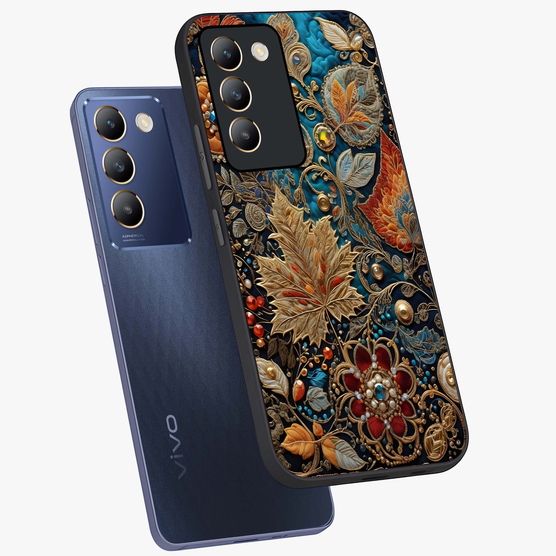 Royal Jewel Garden Glass Case displayed in angled mockup highlighting vibrant jewel inspired floral design with elegant aesthetic.