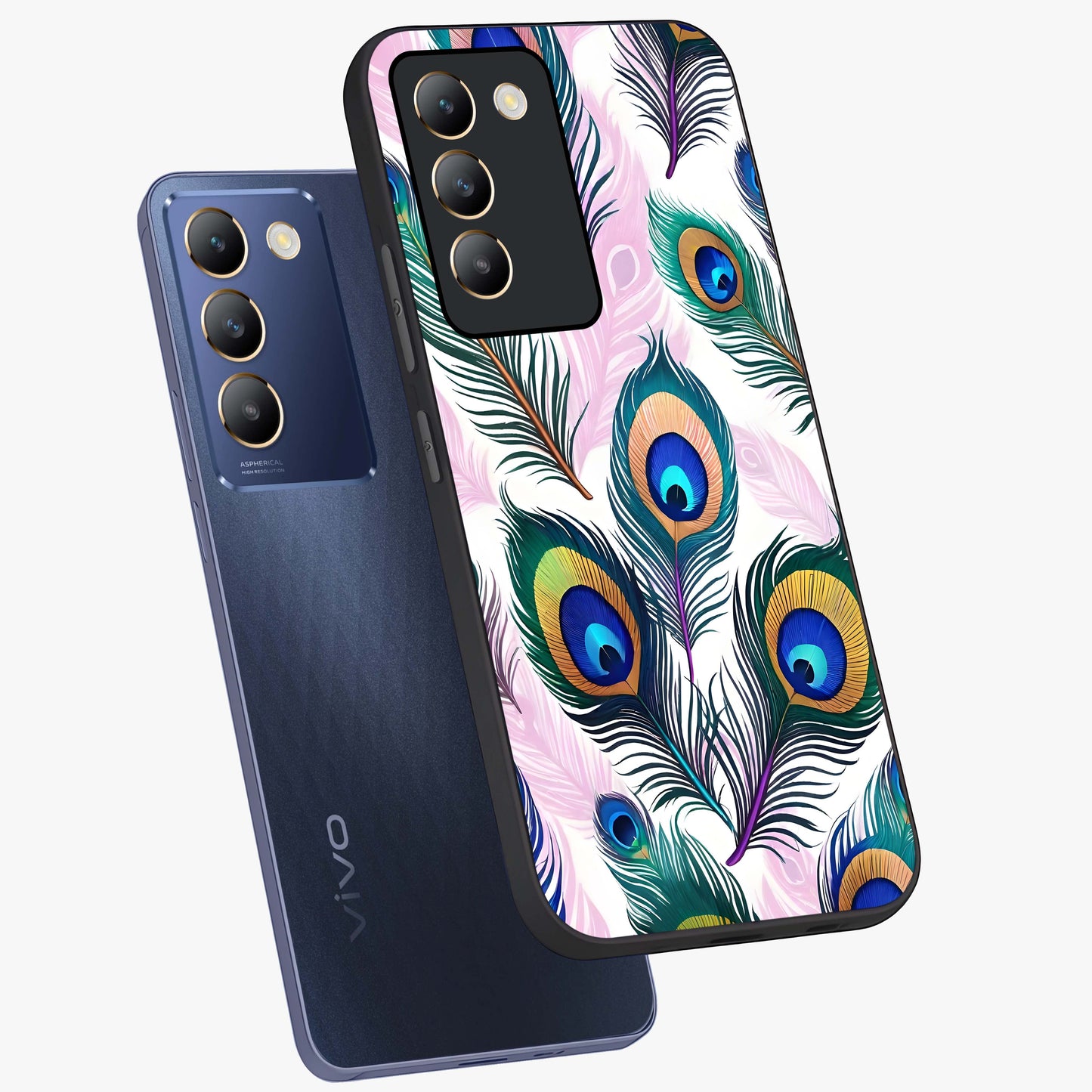 Royal Peacock Feathers Glass Case displayed in angled mockup highlighting vibrant feather pattern with regal aesthetic style.