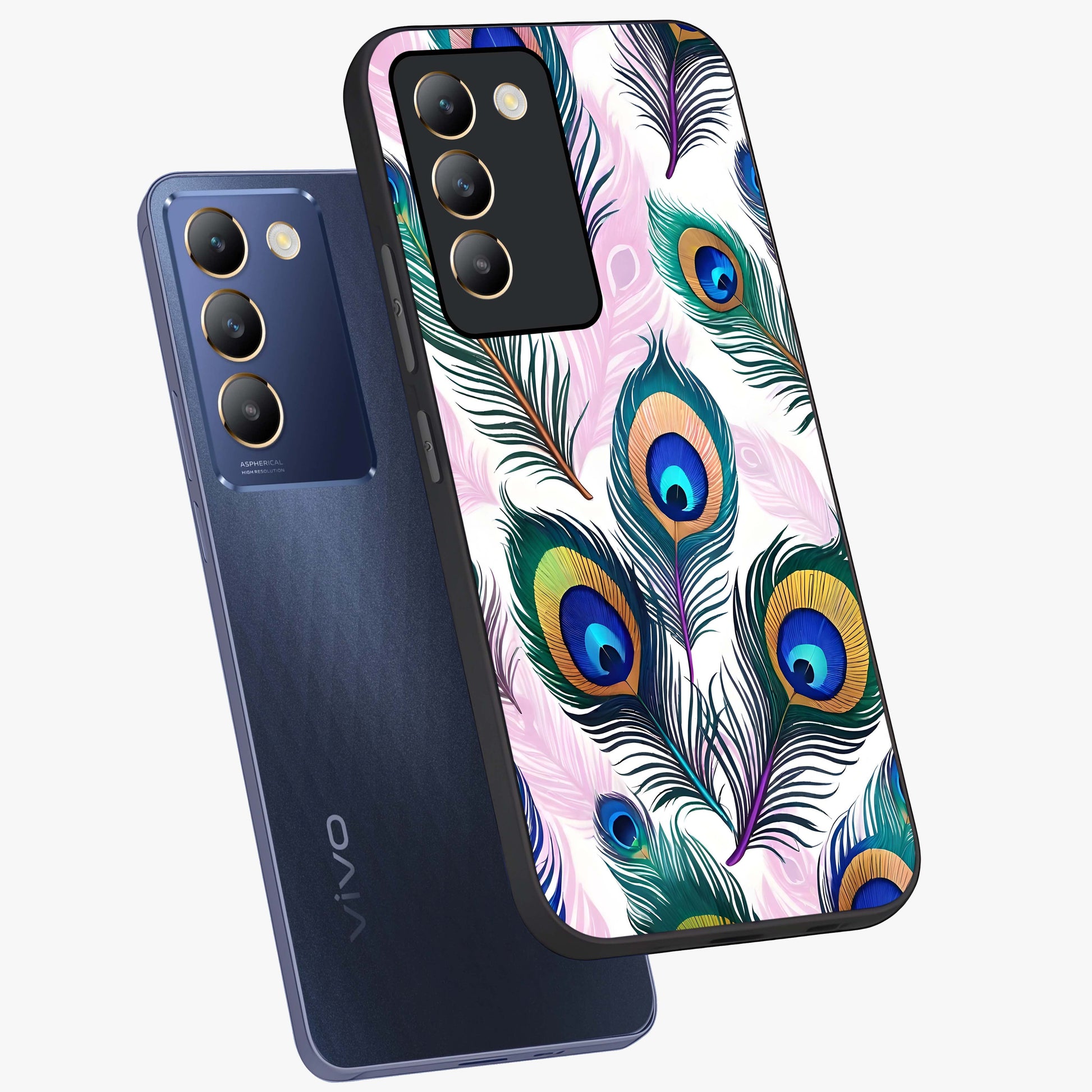 Royal Peacock Feathers Glass Case displayed in angled mockup highlighting vibrant feather pattern with regal aesthetic style.
