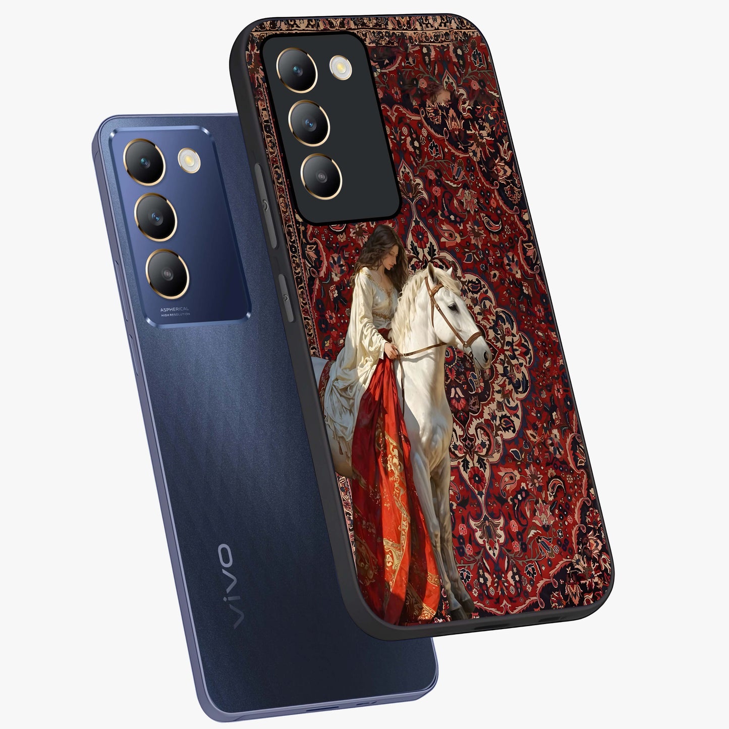 Royal Rider Tapestry Glass Case displayed in angled mockup highlighting traditional tapestry design with royal heritage aesthetic.