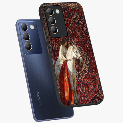 Royal Rider Tapestry Glass Case displayed in angled mockup highlighting traditional tapestry design with royal heritage aesthetic.