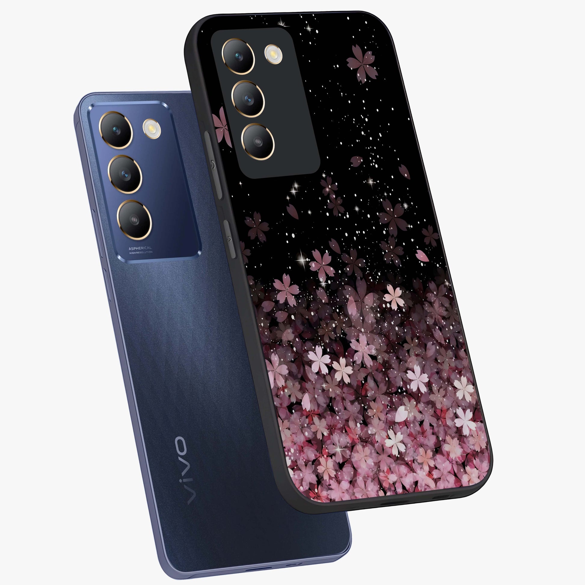 Small Starry Flowers Glass Case displayed in angled mockup highlighting tiny flower pattern with celestial aesthetic style.