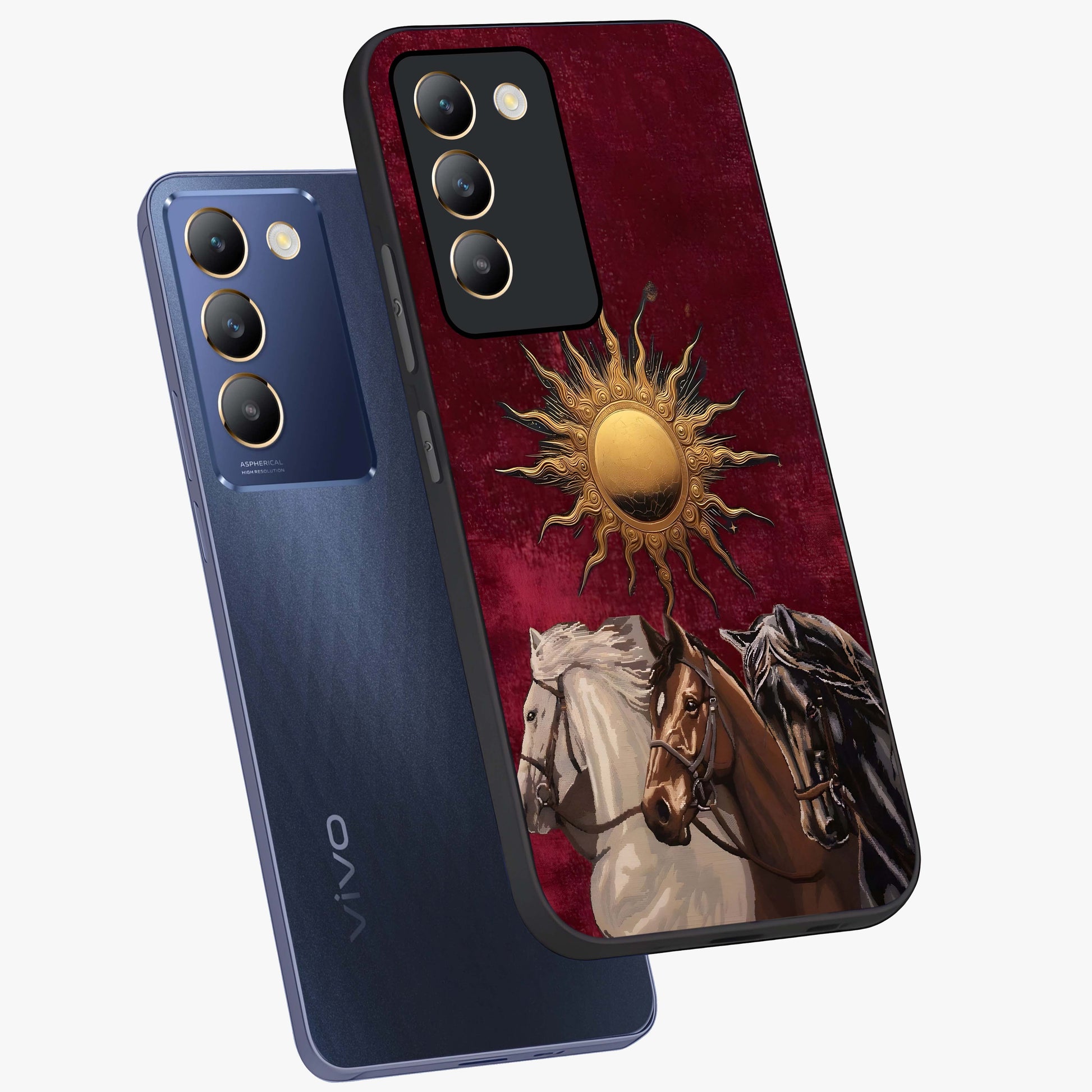 Solar Riders Glass Case displayed in angled mockup highlighting powerful rider illustration with radiant solar aesthetic.