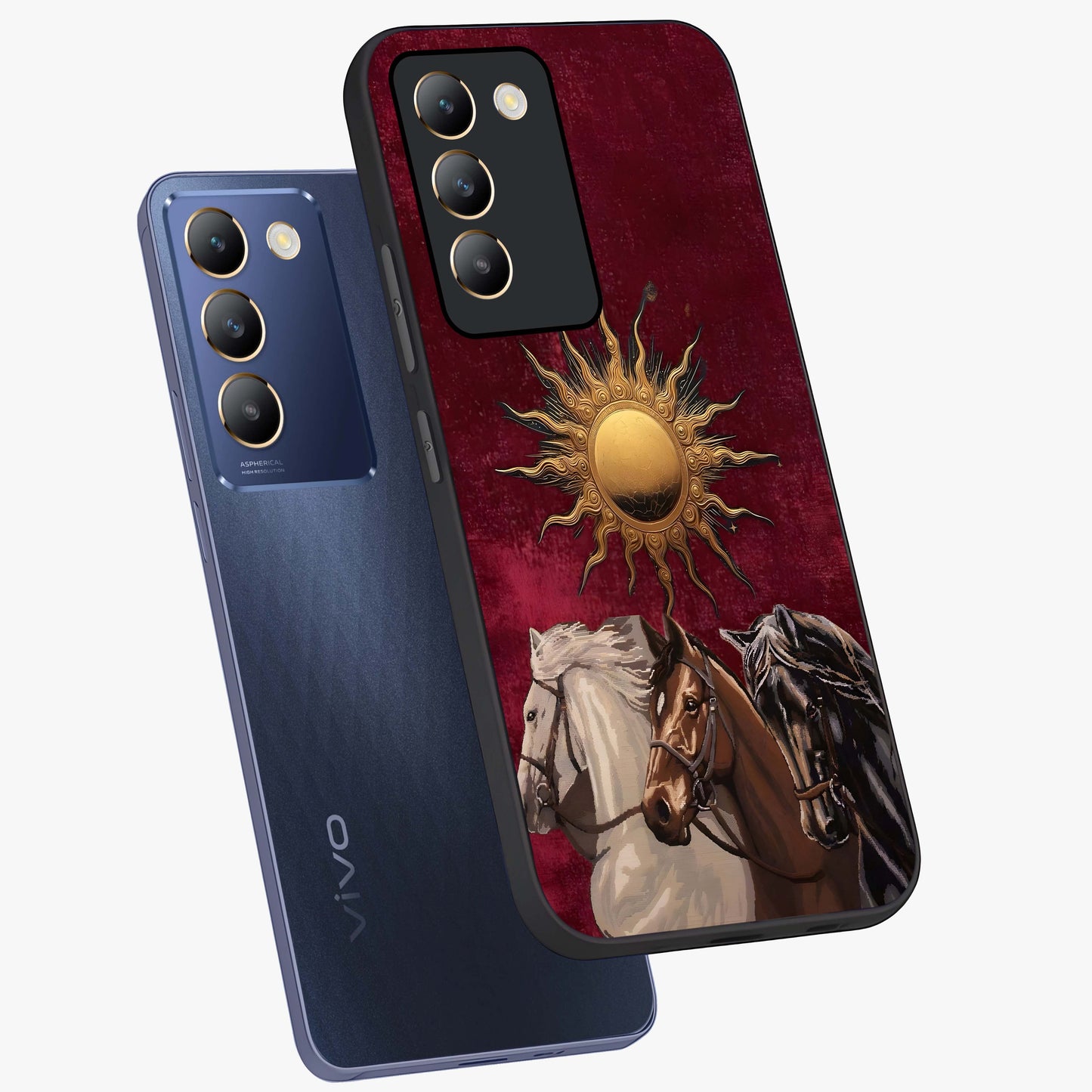 Solar Riders Glass Case displayed in angled mockup highlighting powerful rider illustration with radiant solar aesthetic.