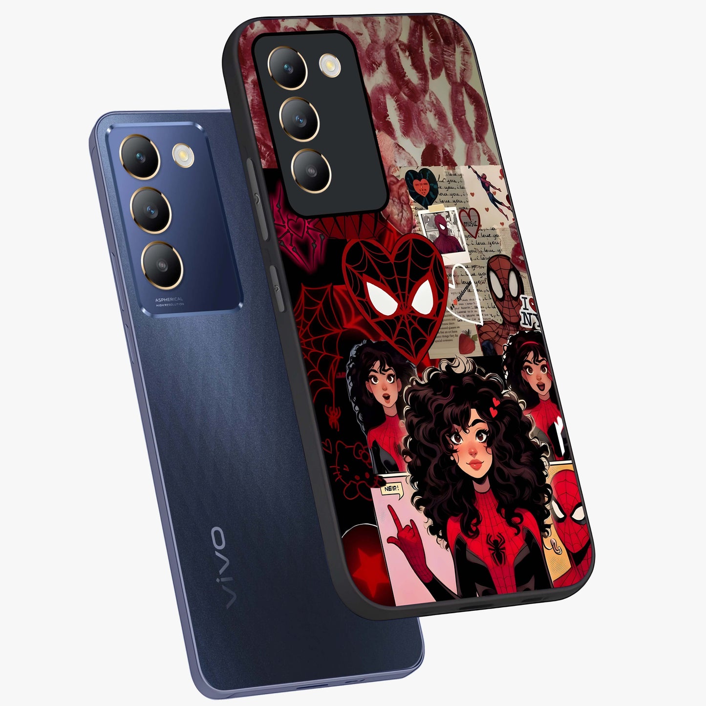 Spider Love Story Glass Case displayed in angled mockup highlighting expressive comic inspired design with playful aesthetic.