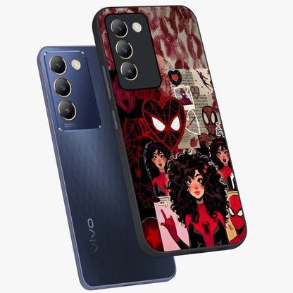 Spider Love Story Glass Case displayed in angled mockup highlighting expressive comic inspired design with playful aesthetic.