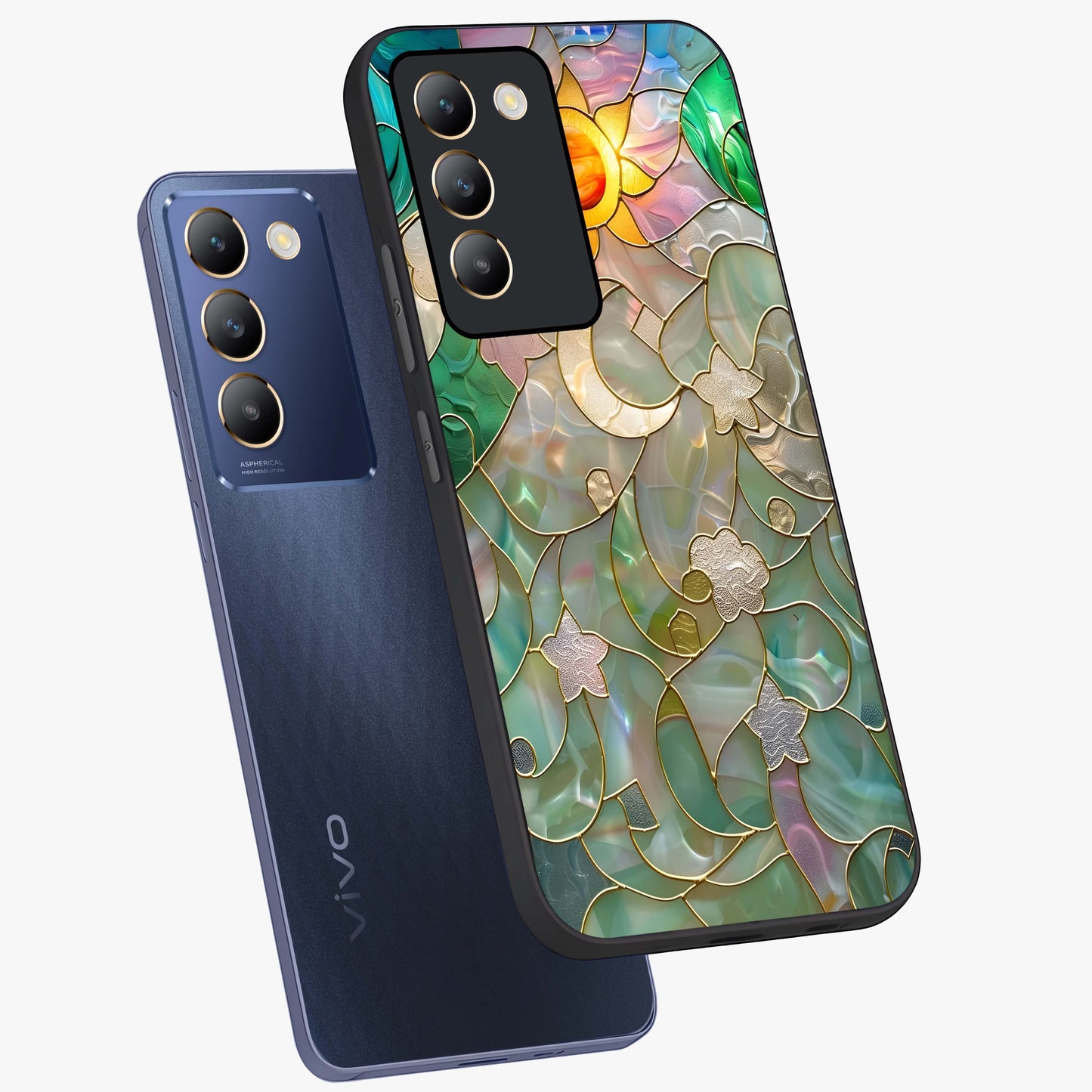 Stained Sunrise Glow Glass Case displayed in angled mockup highlighting radiant sunrise design with artistic aesthetic style.