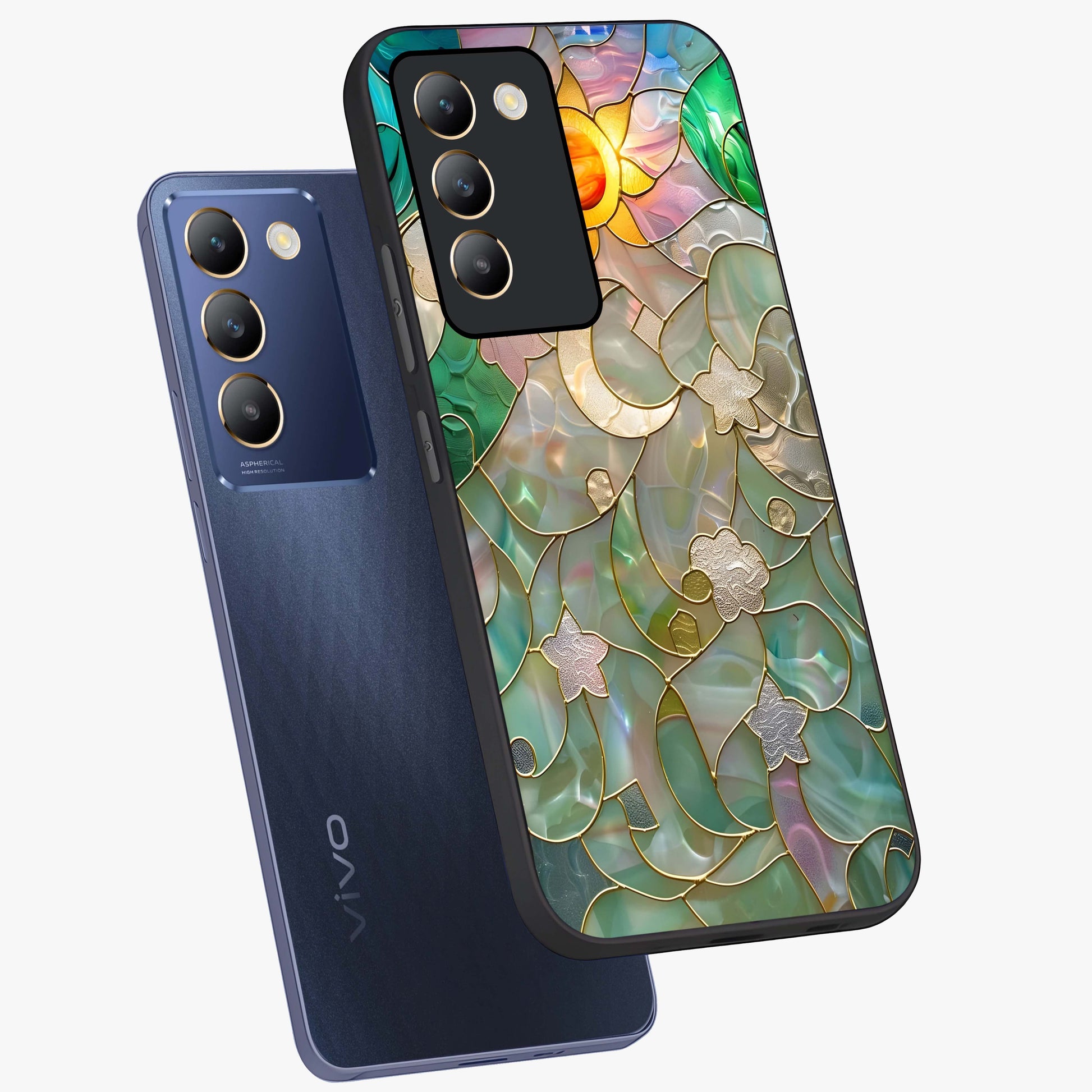 Stained Sunrise Glow Glass Case displayed in angled mockup highlighting radiant sunrise design with artistic aesthetic style.