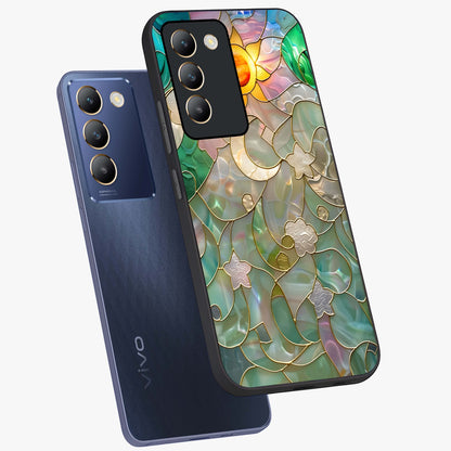 Stained Sunrise Glow Glass Case displayed in angled mockup highlighting radiant sunrise design with artistic aesthetic style.