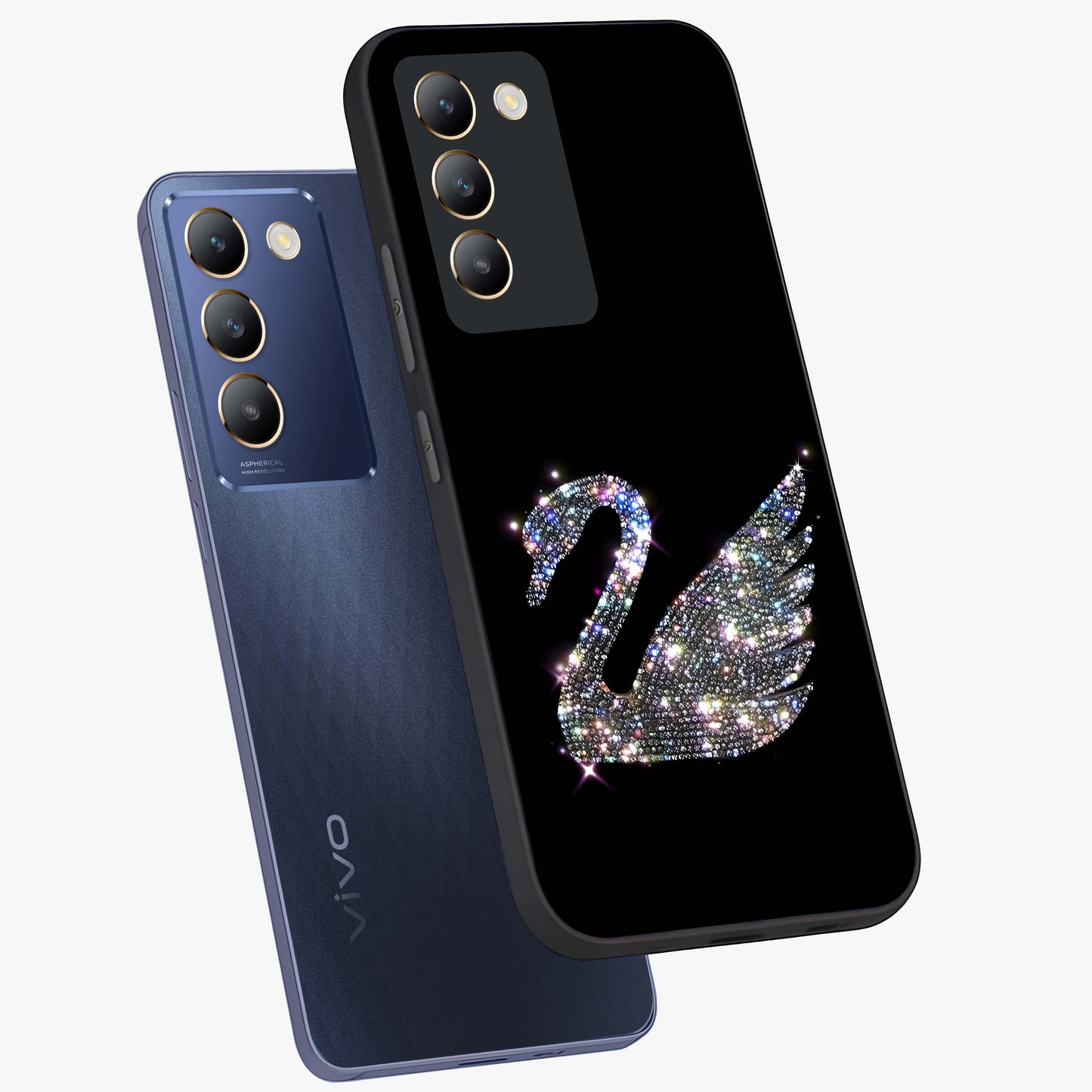 Starlit Swan Grace Glass Case displayed in angled mockup highlighting elegant swan illustration with dreamy celestial aesthetic.