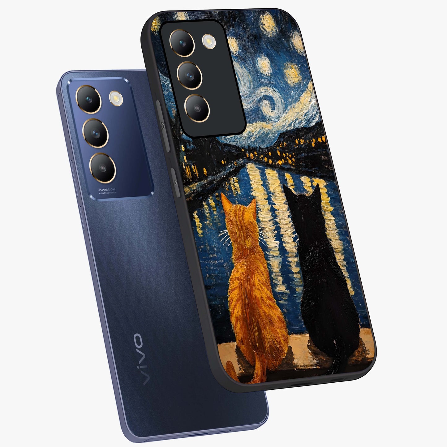 Starry River Cats Glass Case displayed in angled mockup highlighting charming feline illustration with dreamy night aesthetic.