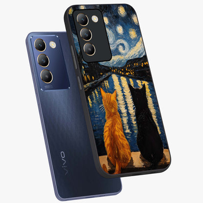 Starry River Cats Glass Case displayed in angled mockup highlighting charming feline illustration with dreamy night aesthetic.