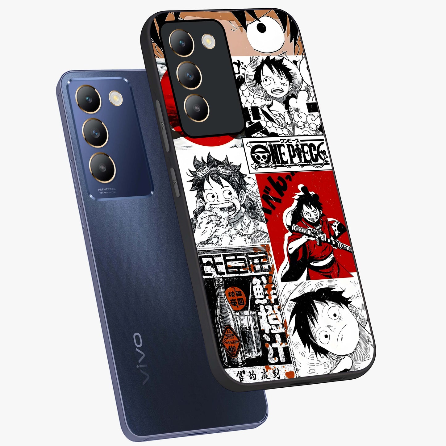 Strawhat Chaos Panels Glass Case displayed in angled mockup highlighting vibrant anime collage design with action aesthetic.